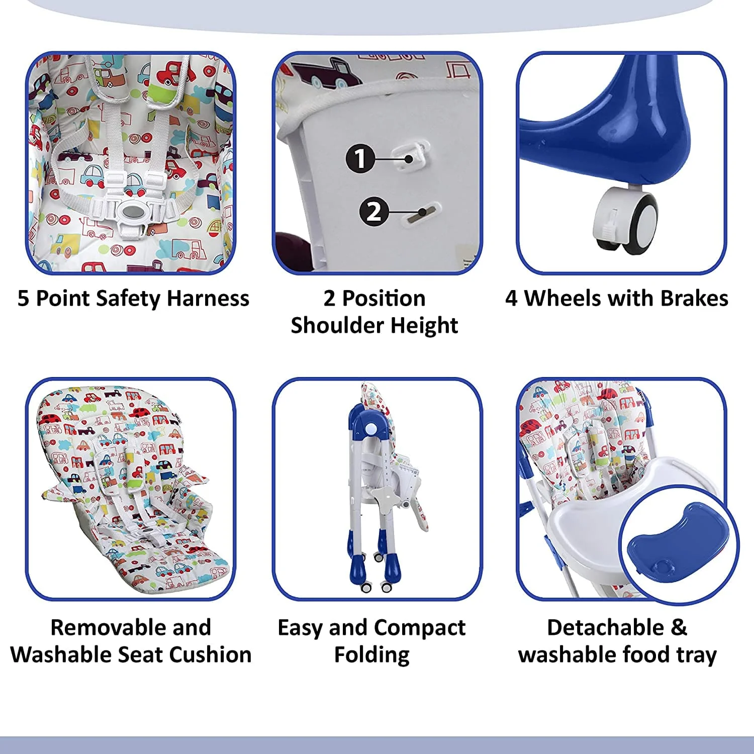 Royal High Chair for Baby, EN 71 Certified, 3 Position Recline, Baby Feeding Chair with 7 Level Height Adjustment, Adjustable Footrest, 6 Months+ (Blue) - Image 4