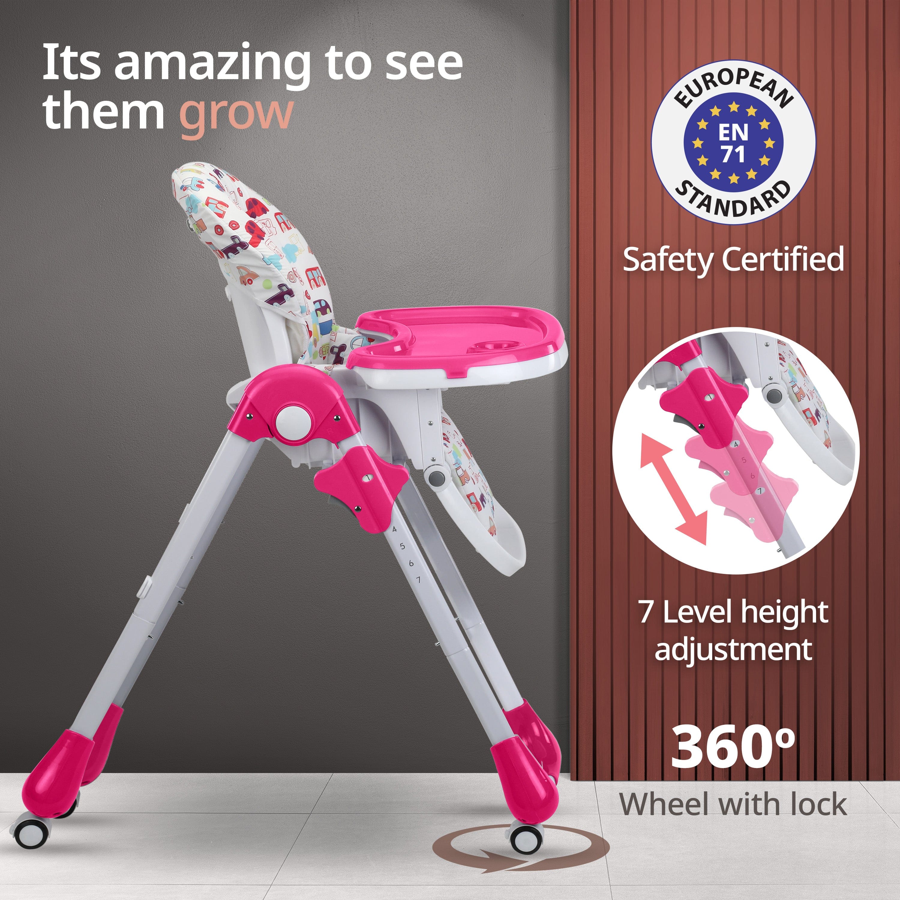 Royal High Chair for Baby, EN 71 Certified, 3 Position Recline, Baby Feeding Chair with 7 Level Height Adjustment, Adjustable Footrest, 6 Months+ (Pink) - Image 3