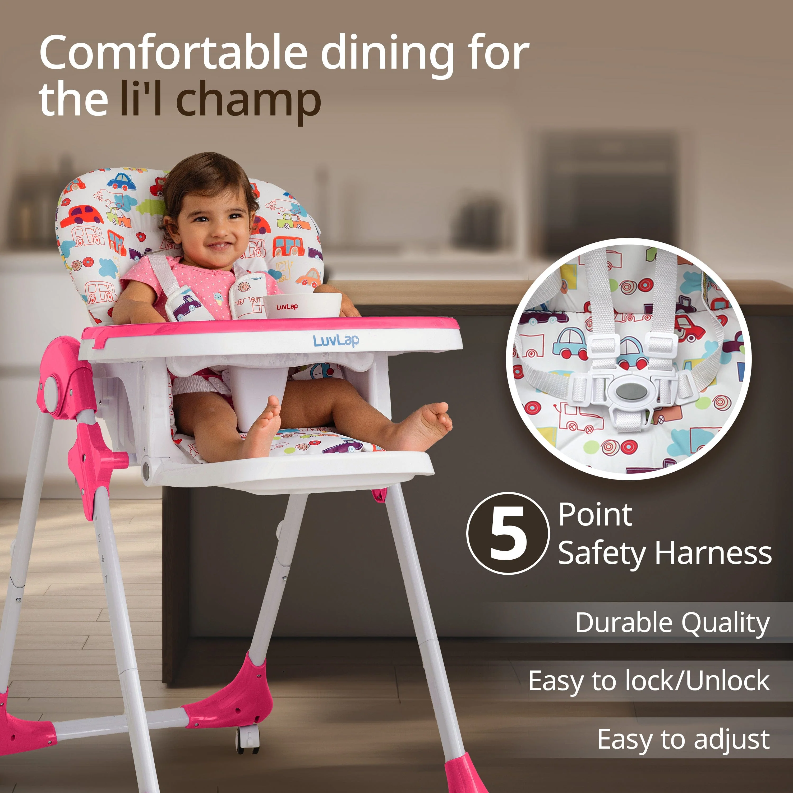 Royal High Chair for Baby, EN 71 Certified, 3 Position Recline, Baby Feeding Chair with 7 Level Height Adjustment, Adjustable Footrest, 6 Months+ (Pink) - Image 4