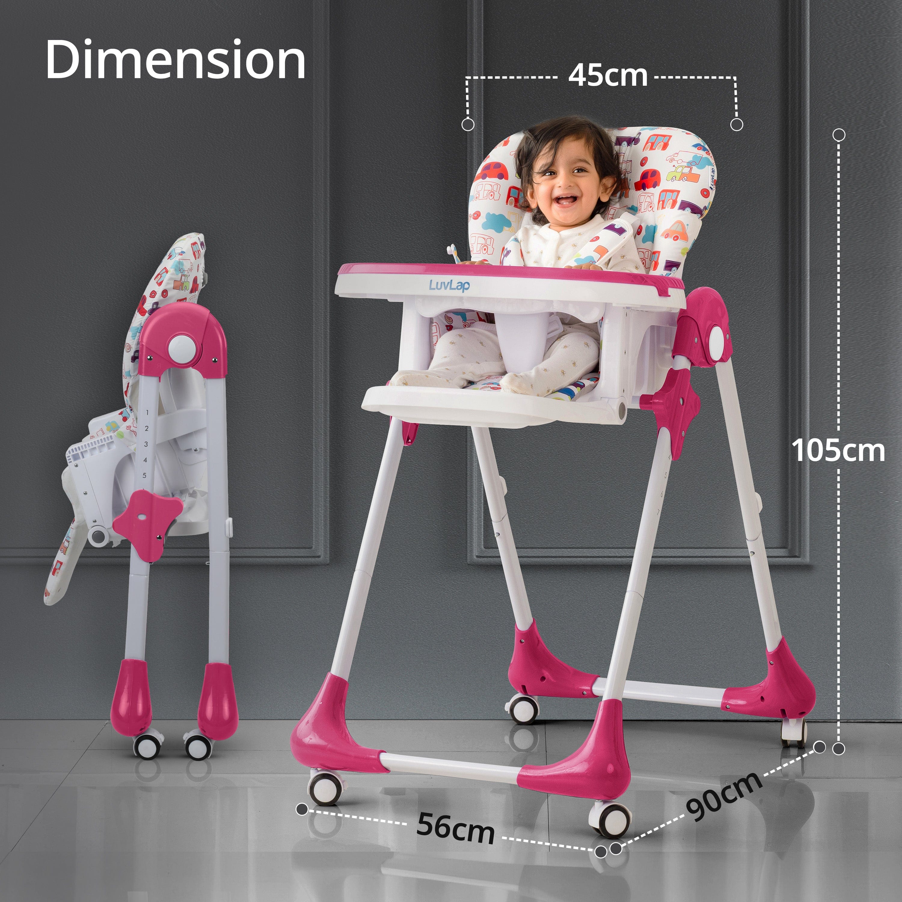 Royal High Chair for Baby, EN 71 Certified, 3 Position Recline, Baby Feeding Chair with 7 Level Height Adjustment, Adjustable Footrest, 6 Months+ (Pink) - Image 6