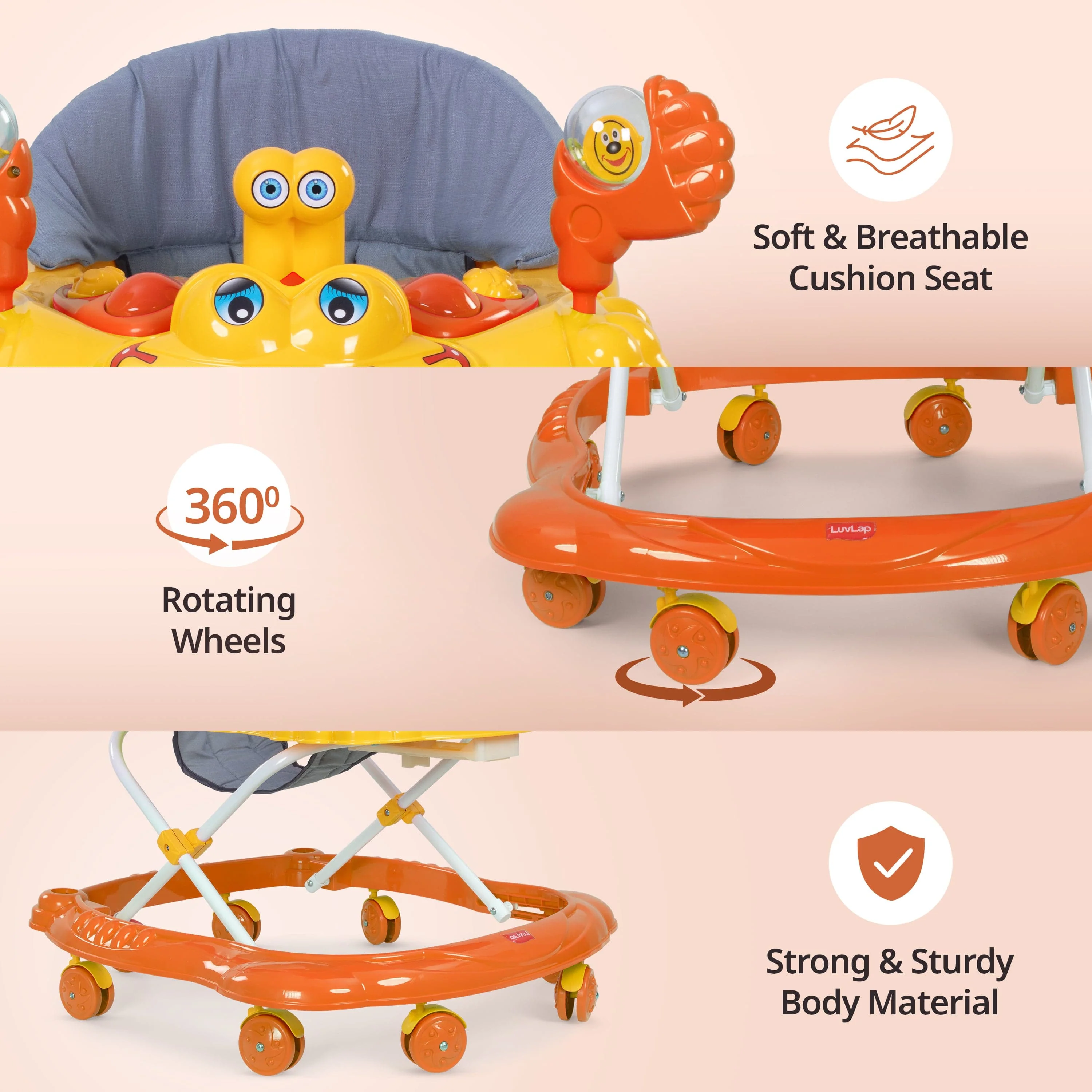 Starshine Baby Walker 9+ Months | 3 Level Height Adjustment Walker/Advanced Baby Activity Walker, Orange - Image 3